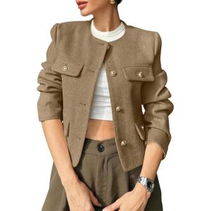 imageCicy Bell Womens Cropped Tweed Blazers Jacket Collarless Button Down Business Casual Winter Coats 2026 Spring OutfitsLight Brown