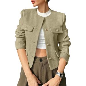 imageCicy Bell Womens Cropped Tweed Blazers Jacket Collarless Button Down Business Casual Winter Coats 2026 Spring OutfitsLight Green