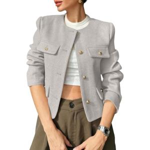 imageCicy Bell Womens Cropped Tweed Blazers Jacket Collarless Button Down Business Casual Winter Coats 2026 Spring OutfitsLight Grey