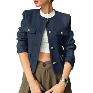 imageCicy Bell Womens Cropped Tweed Blazers Jacket Collarless Button Down Business Casual Winter Coats 2026 Spring OutfitsNavy