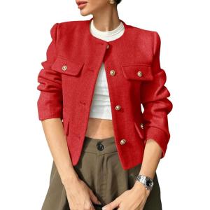 imageCicy Bell Womens Cropped Tweed Blazers Jacket Collarless Button Down Business Casual Winter Coats 2026 Spring OutfitsRed