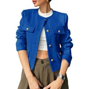 imageCicy Bell Womens Cropped Tweed Blazers Jacket Collarless Button Down Business Casual Winter Coats 2026 Spring OutfitsRoyal Blue