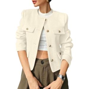 imageCicy Bell Womens Cropped Tweed Blazers Jacket Collarless Button Down Business Casual Winter Coats 2026 Spring OutfitsWhite