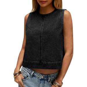 imageCicy Bell Womens Denim Tank Tops Crew Neck Summer Casual Sleeveless Shirts Cropped Loose Fit Jean VestsBlack
