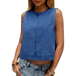 imageCicy Bell Womens Denim Tank Tops Crew Neck Summer Casual Sleeveless Shirts Cropped Loose Fit Jean VestsBlue