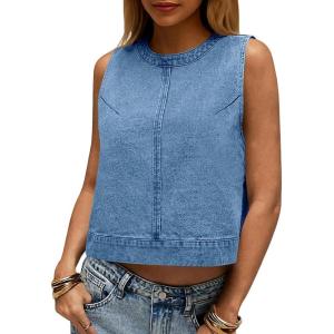 imageCicy Bell Womens Denim Tank Tops Crew Neck Summer Casual Sleeveless Shirts Cropped Loose Fit Jean VestsLight Blue