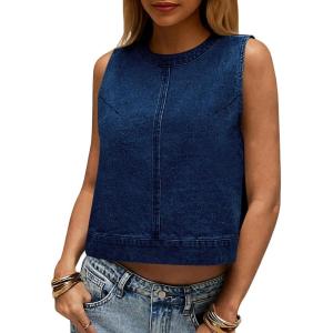 imageCicy Bell Womens Denim Tank Tops Crew Neck Summer Casual Sleeveless Shirts Cropped Loose Fit Jean VestsNavy