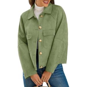 imageCicy Bell Womens Faux Suede Leather Jackets Oversized Cropped Casual Lapel Collar Button Down Spring Vintage ShacketsArmy Green