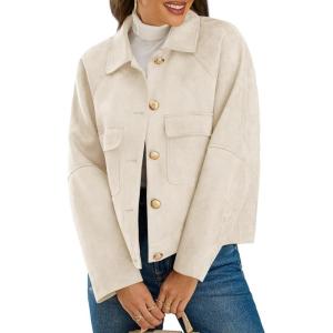 imageCicy Bell Womens Faux Suede Leather Jackets Oversized Cropped Casual Lapel Collar Button Down Spring Vintage ShacketsBeige
