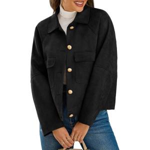 imageCicy Bell Womens Faux Suede Leather Jackets Oversized Cropped Casual Lapel Collar Button Down Spring Vintage ShacketsBlack