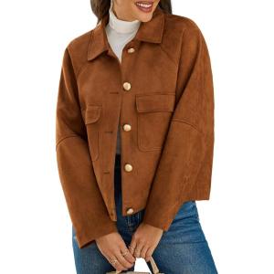 imageCicy Bell Womens Faux Suede Leather Jackets Oversized Cropped Casual Lapel Collar Button Down Spring Vintage ShacketsBrown