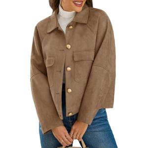 imageCicy Bell Womens Faux Suede Leather Jackets Oversized Cropped Casual Lapel Collar Button Down Spring Vintage ShacketsDark Brown