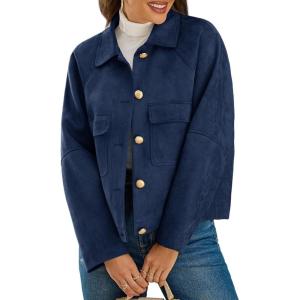 imageCicy Bell Womens Faux Suede Leather Jackets Oversized Cropped Casual Lapel Collar Button Down Spring Vintage ShacketsNavy