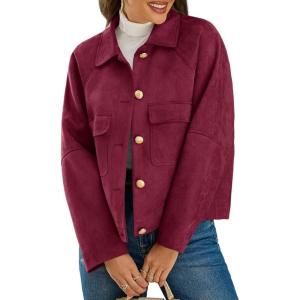 imageCicy Bell Womens Faux Suede Leather Jackets Oversized Cropped Casual Lapel Collar Button Down Spring Vintage ShacketsWine Red