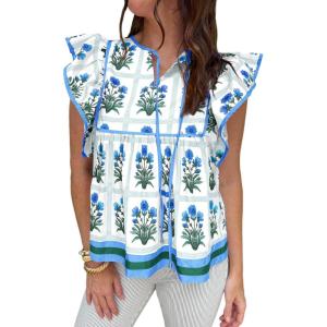 imageCicy Bell Womens Floral Peplum Babydoll Tops Ruffle Cap Sleeve V Neck Blouses Summer Casual Boho Flowy ShirtsBlue