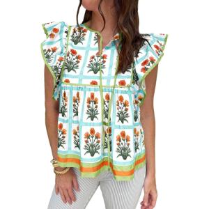 imageCicy Bell Womens Floral Peplum Babydoll Tops Ruffle Cap Sleeve V Neck Blouses Summer Casual Boho Flowy ShirtsGreen