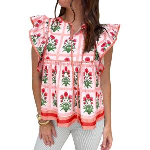imageCicy Bell Womens Floral Peplum Babydoll Tops Ruffle Cap Sleeve V Neck Blouses Summer Casual Boho Flowy ShirtsRed