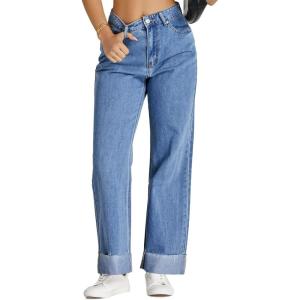 imageCicy Bell Womens High Waisted Boyfriend Jeans Cuffed Raw Straight Leg Baggy Denim Pants with Pockets
