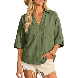 imageCicy Bell Womens Linen Button Down Shirts V Neck Summer Short Sleeve Tops Casual Loose Fit Cotton Collared BlousesArmy Green