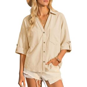 imageCicy Bell Womens Linen Button Down Shirts V Neck Summer Short Sleeve Tops Casual Loose Fit Cotton Collared BlousesBeige