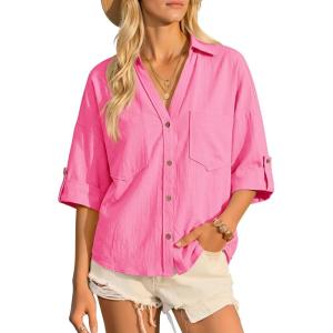 imageCicy Bell Womens Linen Button Down Shirts V Neck Summer Short Sleeve Tops Casual Loose Fit Cotton Collared BlousesBright Pink