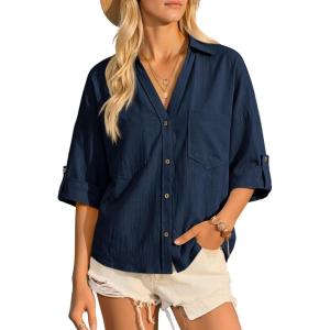 imageCicy Bell Womens Linen Button Down Shirts V Neck Summer Short Sleeve Tops Casual Loose Fit Cotton Collared BlousesDark Blue