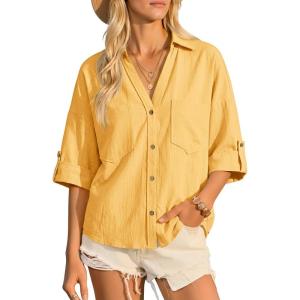 imageCicy Bell Womens Linen Button Down Shirts V Neck Summer Short Sleeve Tops Casual Loose Fit Cotton Collared BlousesYellow