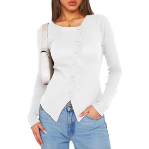 imageCicy Bell Womens Long Sleeve Asymmetrical Tops Button Down Ribbed Fitted Cropped Shirts Trendy Fall Blouses White