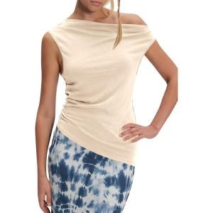 imageCicy Bell Womens Off One Shoulder Tops Cowl Neck Ruched Tank Tops 2026 Summer Asymmetrical Going Out Sleeveless ShirtsApricot