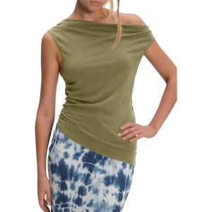 imageCicy Bell Womens Off One Shoulder Tops Cowl Neck Ruched Tank Tops 2026 Summer Asymmetrical Going Out Sleeveless ShirtsArmy Green