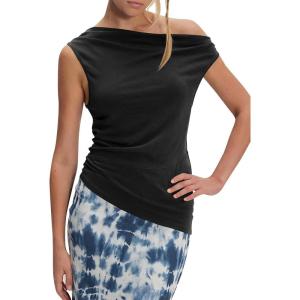 imageCicy Bell Womens Off One Shoulder Tops Cowl Neck Ruched Tank Tops 2026 Summer Asymmetrical Going Out Sleeveless ShirtsBlack