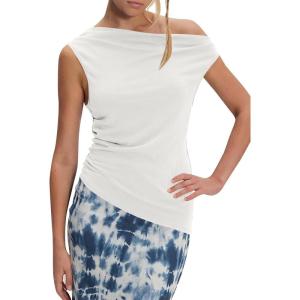 imageCicy Bell Womens Off One Shoulder Tops Cowl Neck Ruched Tank Tops 2026 Summer Asymmetrical Going Out Sleeveless ShirtsWhite