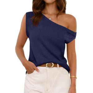 imageCicy Bell Womens Off One Shoulder Tops Summer Ribbed Knit Tank Tops Trendy Casual Loose Fit Sleeveless Tee ShirtsNavy