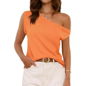 imageCicy Bell Womens Off One Shoulder Tops Summer Ribbed Knit Tank Tops Trendy Casual Loose Fit Sleeveless Tee ShirtsOrange