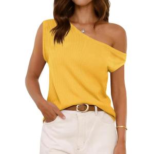 imageCicy Bell Womens Off One Shoulder Tops Summer Ribbed Knit Tank Tops Trendy Casual Loose Fit Sleeveless Tee ShirtsYellow