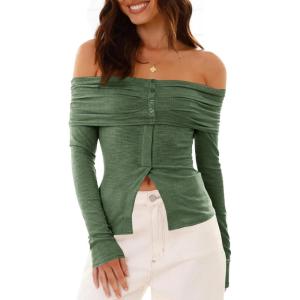 imageCicy Bell Womens Off The Shoulder Tops Cute Long Sleeve Slim Fit Ribbed Ruched Shirt 2024 Fall Y2k Clothes Army Green