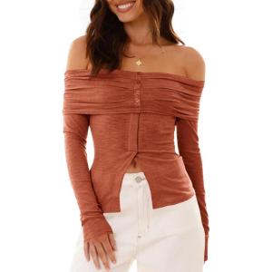 imageCicy Bell Womens Off The Shoulder Tops Cute Long Sleeve Slim Fit Ribbed Ruched Shirt 2024 Fall Y2k Clothes Brick Red