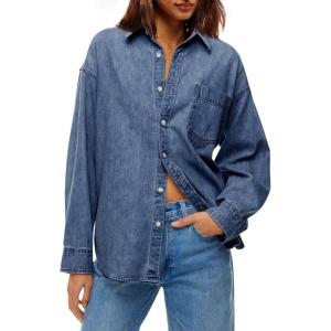 imageCicy Bell Womens Oversized Denim Shirt Jean Jacket 2026 Spring Fashion Button Down Shirts Long Sleeve Tops Trendy ShacketsNavy