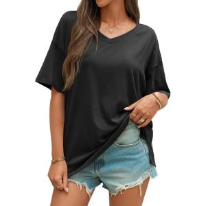 imageCicy Bell Womens Oversized T Shirts Short Sleeve Summer Casual V Neck Tunic Tops Loose Fit Side Split Basic Tee TopsBlack