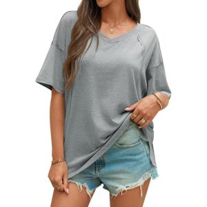 imageCicy Bell Womens Oversized T Shirts Short Sleeve Summer Casual V Neck Tunic Tops Loose Fit Side Split Basic Tee TopsGray