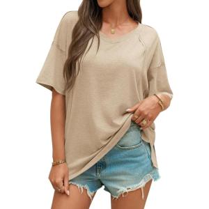 imageCicy Bell Womens Oversized T Shirts Short Sleeve Summer Casual V Neck Tunic Tops Loose Fit Side Split Basic Tee TopsKhaki