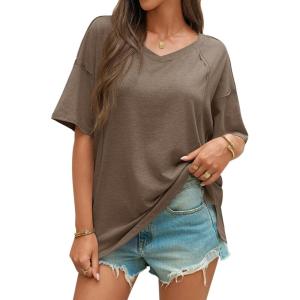 imageCicy Bell Womens Oversized T Shirts Short Sleeve Summer Casual V Neck Tunic Tops Loose Fit Side Split Basic Tee TopsLight Brown