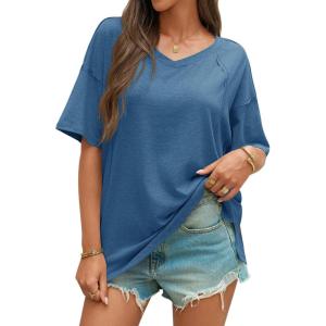 imageCicy Bell Womens Oversized T Shirts Short Sleeve Summer Casual V Neck Tunic Tops Loose Fit Side Split Basic Tee TopsNavy