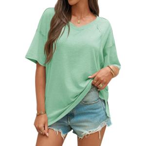 imageCicy Bell Womens Oversized T Shirts Short Sleeve Summer Casual V Neck Tunic Tops Loose Fit Side Split Basic Tee TopsPea Green