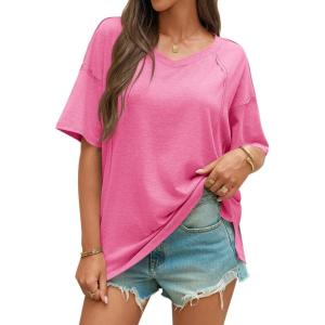 imageCicy Bell Womens Oversized T Shirts Short Sleeve Summer Casual V Neck Tunic Tops Loose Fit Side Split Basic Tee TopsPink