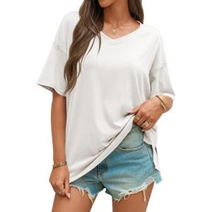 imageCicy Bell Womens Oversized T Shirts Short Sleeve Summer Casual V Neck Tunic Tops Loose Fit Side Split Basic Tee TopsWhite