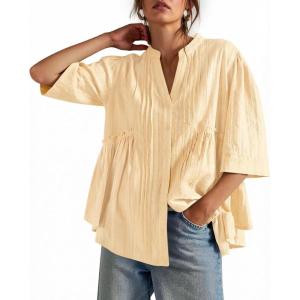 imageCicy Bell Womens Peplum Button Down Shirts Summer V Neck Half Sleeve Blouses Dressy Casual Flowy Babydoll TopsBeige