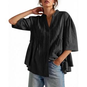 imageCicy Bell Womens Peplum Button Down Shirts Summer V Neck Half Sleeve Blouses Dressy Casual Flowy Babydoll TopsBlack