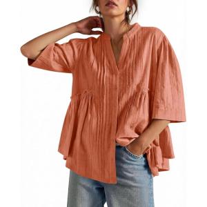 imageCicy Bell Womens Peplum Button Down Shirts Summer V Neck Half Sleeve Blouses Dressy Casual Flowy Babydoll TopsCaramel