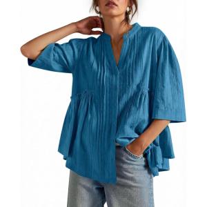 imageCicy Bell Womens Peplum Button Down Shirts Summer V Neck Half Sleeve Blouses Dressy Casual Flowy Babydoll TopsLake Blue